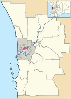 Mapa konturowa Perth, po lewej znajduje się punkt z opisem „Fremantle”