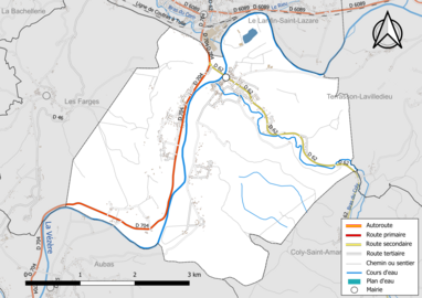 Carte en couleur présentant le réseau hydrographique de la commune