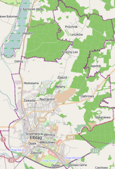 Mapa konturowa Elbląga, na dole nieco na prawo znajduje się punkt z opisem „Cmentarz Komunalny Dębica w Elblągu”