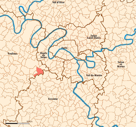 Location (in red) within Paris inner and outer suburbs