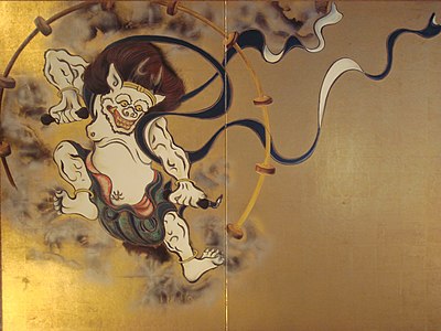 Raijin en el Kennin-ji, versionado de Dios del viento y Dios del trueno (siglo XVII, Tawaraya Sōtatsu)