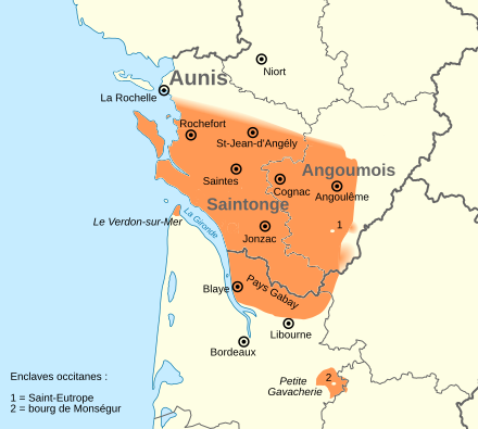 Carte représentant l'aire linguistique du Saintongeais dans les Charente et le Nord-Gironde