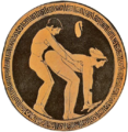 Image 15A prostitute and her customer illustrated on an ancient Greek wine cup; the act of prostitution is indicated by the coin purse above the figures. (from Prostitution)