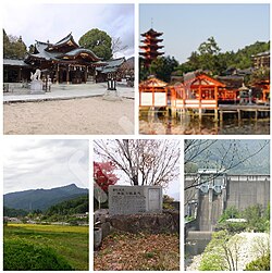 Top: Hayatani Shrine, Itsukushima Shrine, Bottom: Mount Aki Kanmuri, Memorial source in Yuhama Spa, Oze River Dam (all left to right)