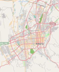 Mapa konturowa Ałmaty, blisko centrum na prawo znajduje się punkt z opisem „Ałmały”