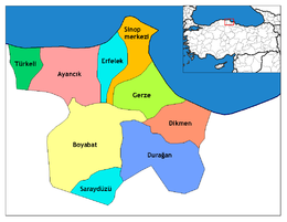 Mapa dos distritos da província de Sinope (Turquia)