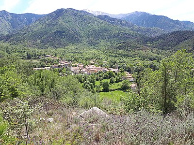 The village of Fillols (Conflent), lying at the foot of Canigou mountain.