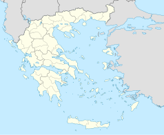 Mapa konturowa Grecji, po lewej nieco u góry znajduje się punkt z opisem „Stadion Zosimades”