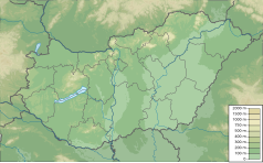 Mapa konturowa Węgier, blisko centrum na dole znajduje się punkt z opisem „ujście”