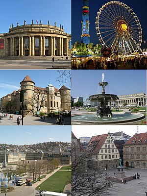 Stuttgart Schlossplatz (Castle square). Top left: Staatstheater, Top right:View of Cannstatter Volksfest event in Bad Cannstatt. Middle left: Stuttgart Old Castle in Schillerplatz. Middle right: A fountain in Schlossplatz, Bottom left:Stuttgart New Palace in Schlossplatz. Bottom right: Fruchtkasten façade built and Statue of Friedrich Schiller in Schillerplatz