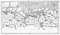 Un mapa de projecció cilíndrica de mars que mostra regions clares i fosques acompanyades de diversos trets lineals. Les funcions principals estan etiquetades