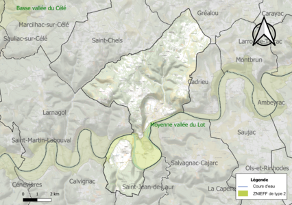 Carte de la ZNIEFF de type 2 sur la commune.