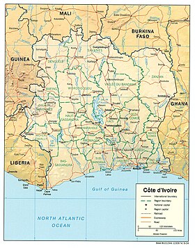 Carte de la Côte d'Ivoire, avec la Guinée à l'ouest.