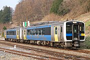 A pair of KiHa E200 hybrid diesel railcars