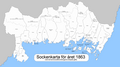 Blekingen pitäjät vuonna 1863. Tämän jälkeen suoritetut pitäjien jakamiset on merkitty vuosilukujen kera karttaan.