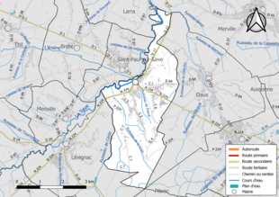 Carte en couleur présentant le réseau hydrographique de la commune