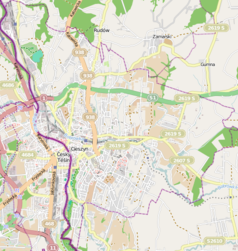 Mapa konturowa Cieszyna, blisko centrum po lewej na dole znajduje się punkt z opisem „Cieszyn (od 1872)”