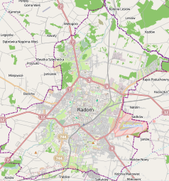 Mapa konturowa Radomia, blisko centrum po lewej na dole znajduje się punkt z opisem „Zamłynie”