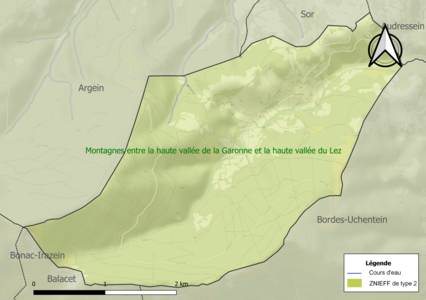 Carte de la ZNIEFF de type 2 sur la commune.