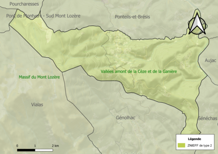 Carte des ZNIEFF de type 2 sur la commune.