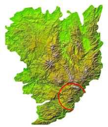 Carte du Massif central, un cercle rouge délimite le site des Causses et Cévennes.