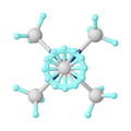 Structure of pentamethylmolybdenum, Mo(CH3)5, showing 4-fold disorder of one methyl group.[1]