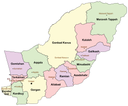 Location of Minudasht County in Golestan province (center right, green)