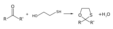 Reactie van 2-mercapto-ethanol met aldehyden of ketonen