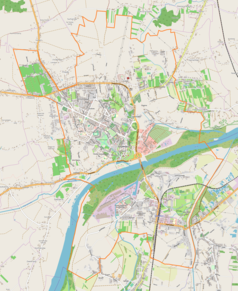 Mapa konturowa Sandomierza, w centrum znajduje się ikonka zamku z wieżą z opisem „Zamek w Sandomierzu”