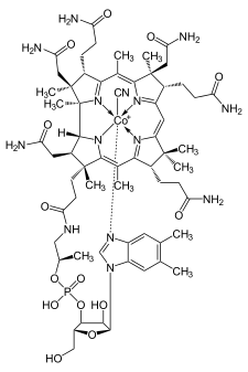 ▵ Structuurformule van cyanocobalamine, met aan het kobalt-ion een cyanidegroep