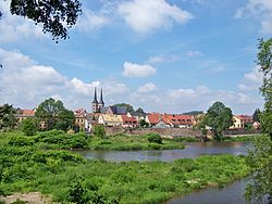 Pohled na centrum města od řeky Muldy