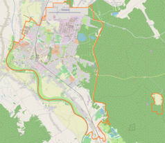 Mapa konturowa Mielca, u góry znajduje się punkt z opisem „Mielec Fabryka”