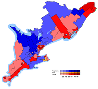 Map of the new ridings in Southern Ontario coloured in by using the transposition of the results of the 2003 election.