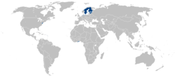 All territories ever possessed by the Swedish Empire shown on modern borders.