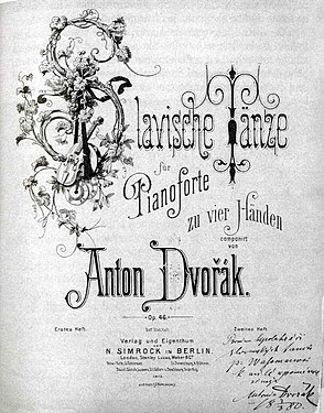 Page de garde des Danses slaves, op. 46 et 72 de Dvořák, dans sa version pour piano à quatre mains.