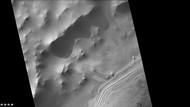 Layers in mound in western side of South crater, as seen by CTX camera (on Mars Reconnaissance Orbiter). Note: this is an enlargement of a previous image of west side of South crater.