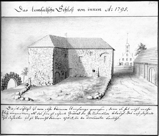 Burg Lemsal mit den Überresten des Vorburg-Portals (1795)