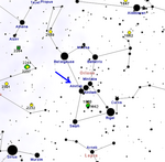 Messier 78 on suunnilleen sinisen nuolen osoittamassa kohdassa Orionin tähtikuvion kartassa.