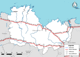 Carte du réseau routier national (autoroutes et routes nationales) dans le département des Côtes-d'Armor