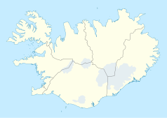 Mapa konturowa Islandii, na dole po lewej znajduje się punkt z opisem „Reykjanesbær”