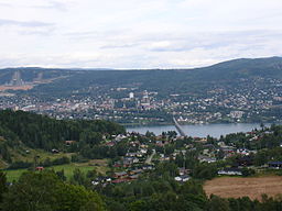 Lillehammer i augusti 2005. Hoppbackarna som användes vid Olympiska vinterspelen 1994 syns uppe till vänster.