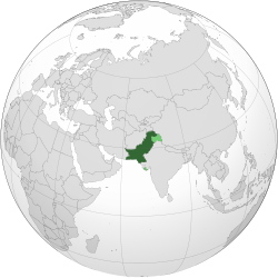 Land controlled by Pakistan shown in dark green; land claimed but not controlled shown in light green (see Kashmir conflict and Annexation of Junagadh)