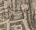 Beurs van 1598 (nr.45) op de hoek van Haringvliet en Oude Haven (zuiden is boven)