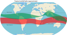 Map showing approximate location of tropical rain belt