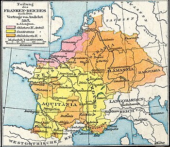 Verdeling Frankische koninkrijken in 587: ■ Chlotarius II ■ Gontram van Bourgondië ■ Childebert II