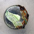 A corroded coin cell. Battery failure or corrosion can damage hardware.