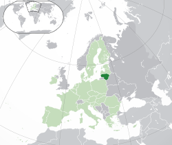 Location of Lithuania (dark green) – in Europe (green & dark grey) – in the European Union (green)  –  [Legend]