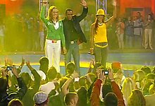 The final line-up of Mr. President, featuring (from left to right) Franzi, LayZee and Lady Danii, perform Coco Jamboo at Hit Giganten, 2004.