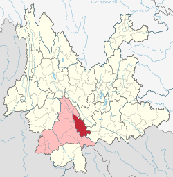 Location of Mojiang County (red) and Pu'er City (pink) within Yunnan