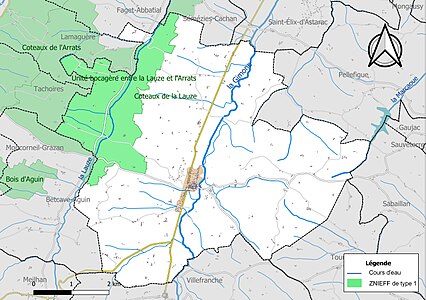 Carte des ZNIEFF de type 1 sur la commune.